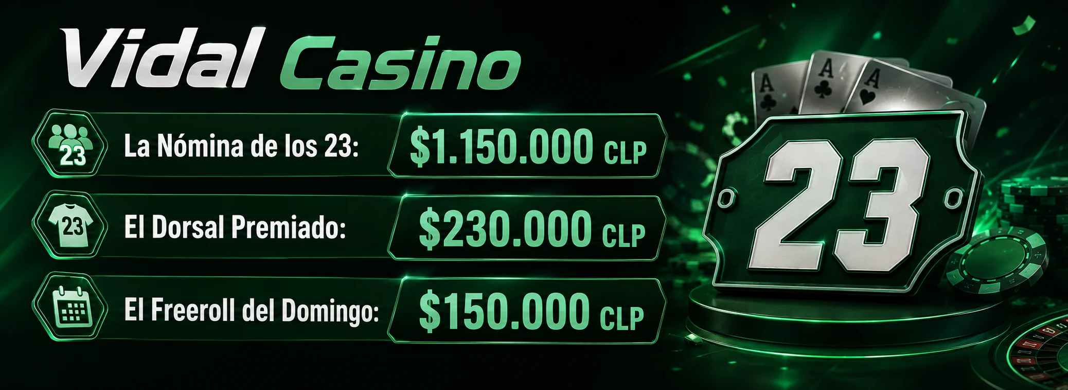 La Nómina de los 23 en Vidal Casino: $1.150.000 CLP repartidos cada semana entre 23 puestos